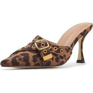 Aminugal Size 6 Kitten Heel Mules Leopard Print Pointed Toe Buckle Strap Vegan